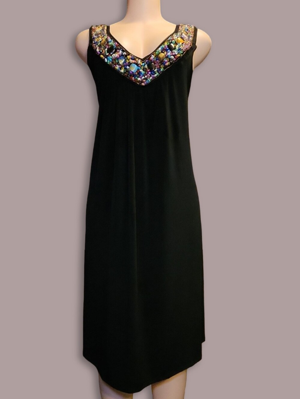 Fresh of LA Vintage Black Shift Dress Beaded Jeweled V-Neck Midi Plus 2X